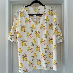 NWT LOFT Lemon Print Blouse, Flutter Short Sleeve